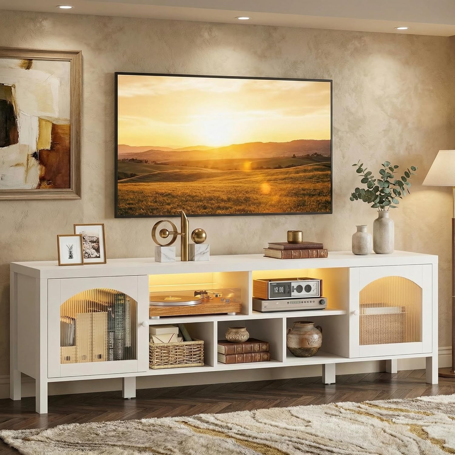 IRONCK TV Stand for 75 Inch TV, 71" Entertainment Center with Power Outlet & LED Light, Modern Media TV Console with Arched Glass Doors and Storage Cabinets for Living Room, White