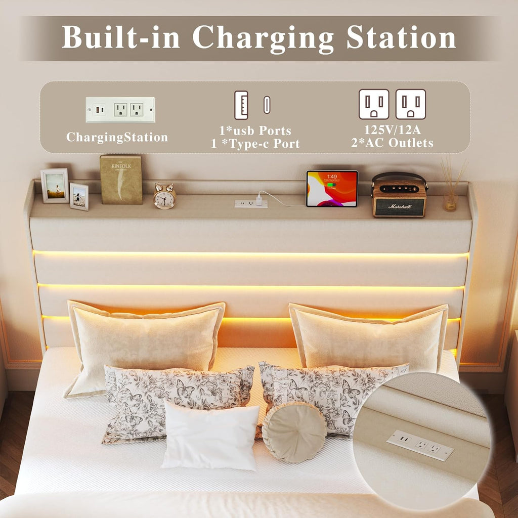 Queen Bed Frame with 2 Storage Drawers, Velvet Upholstered Bed Frame Queen Size Upholstered Headboard with LED Light & Charging Station, Platform Bedframe with Metal Slats, No Box Spring Needed, White