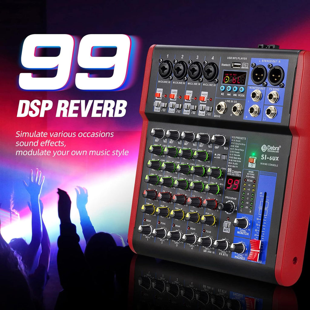 D Debra SI Series Professional Portable Recording Mixer Audio with 99 DSP Digital Effects Mic Preamps and USB for DJ Mixer Console Karaoke Home Recording Studio (SI-6UX)