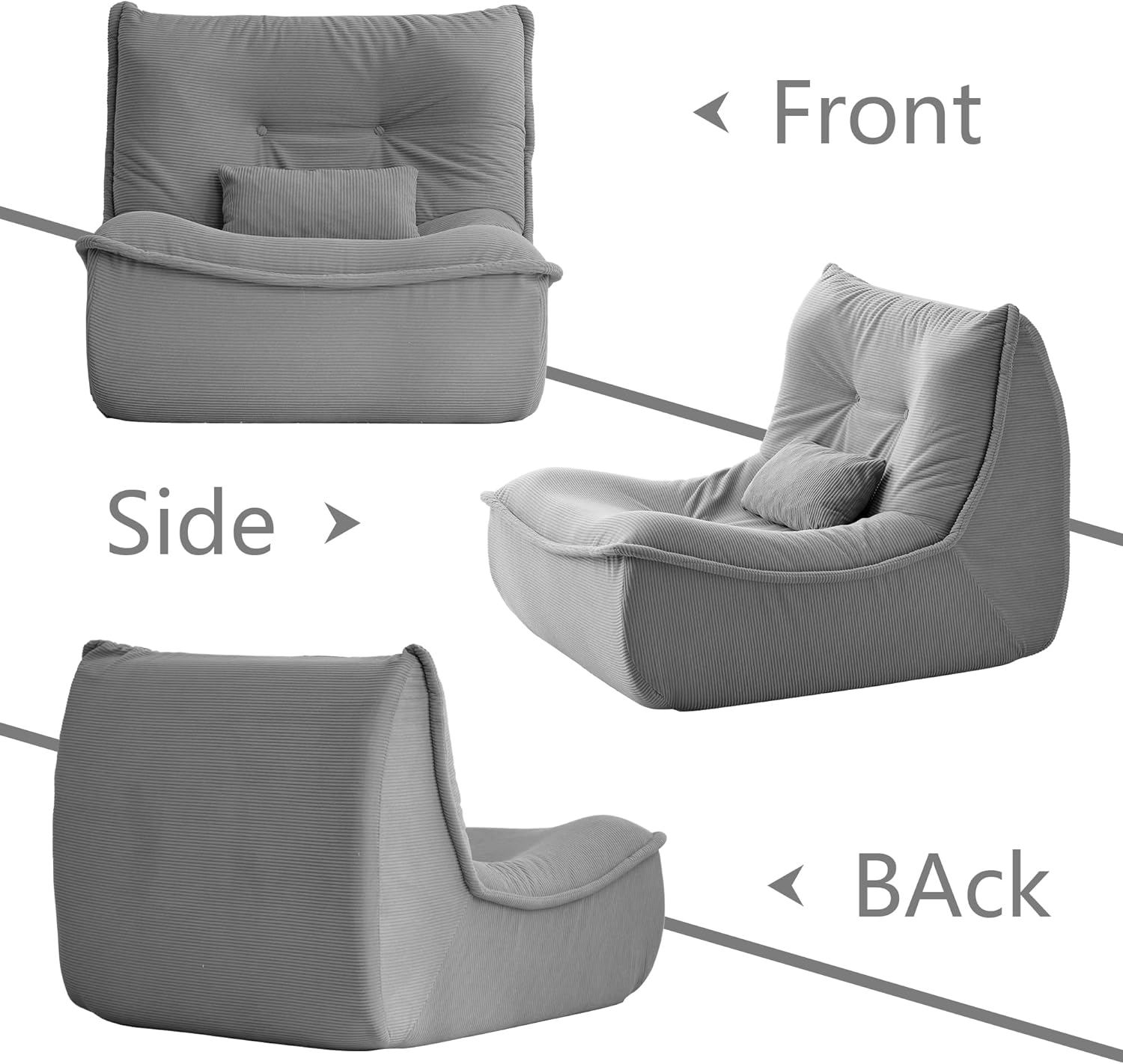 Bean Bag Chair for Adults, Single Lounge Chair with Lumbar Pillow, Comfy Floor Sofa with High-Resilience Foam, Lazy Accent Chair for Living Room, Bedroom, Apartment, Or Reading Corner, Gray