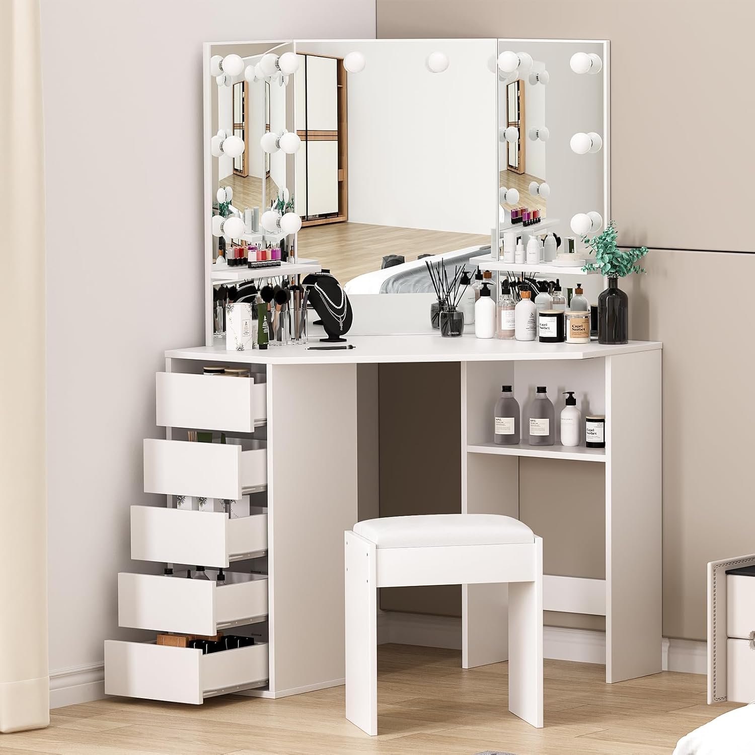 Garvee Corner Vanity Desk and Bench, Makeup Vanity Table with 3-Folding Lighted Mirrors, Charging Station, 5 Drawers for Bedroom