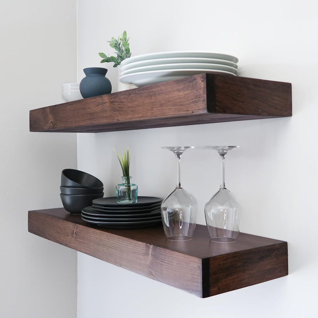 Urbandi Modern Floating Shelves 3 Inches Thick for Wall, Wide Shelves for Kitchen, Living Room, Bedroom, and Bathroom, Natural Pine Wood, Rustic Wooden Shelf, (Set of 2) (Provincial, 36Lx3Hx6D)
