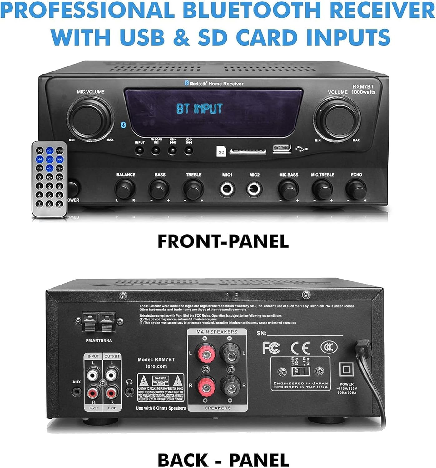 Home Theater System Kit 1000 Watts Bluetooth Receiver w/ 6 Qty 5.25" 175 Watts Each in-Wall in-Ceiling Speakers with Portable Microphone & Remote Control by Technical Pro