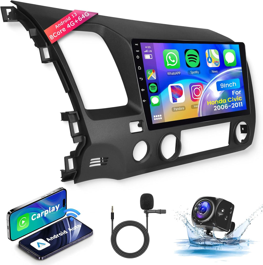 8Core4+64G Car Stereo for Honda Civic 2006-2011 Wireless CarPlay/Android Auto Android Radio with Qualcomm 9" IPS Touch Screen,BT5.1,DSP Hi-Res,GPS,SWC,Backup Camera for Honda Civic Radio