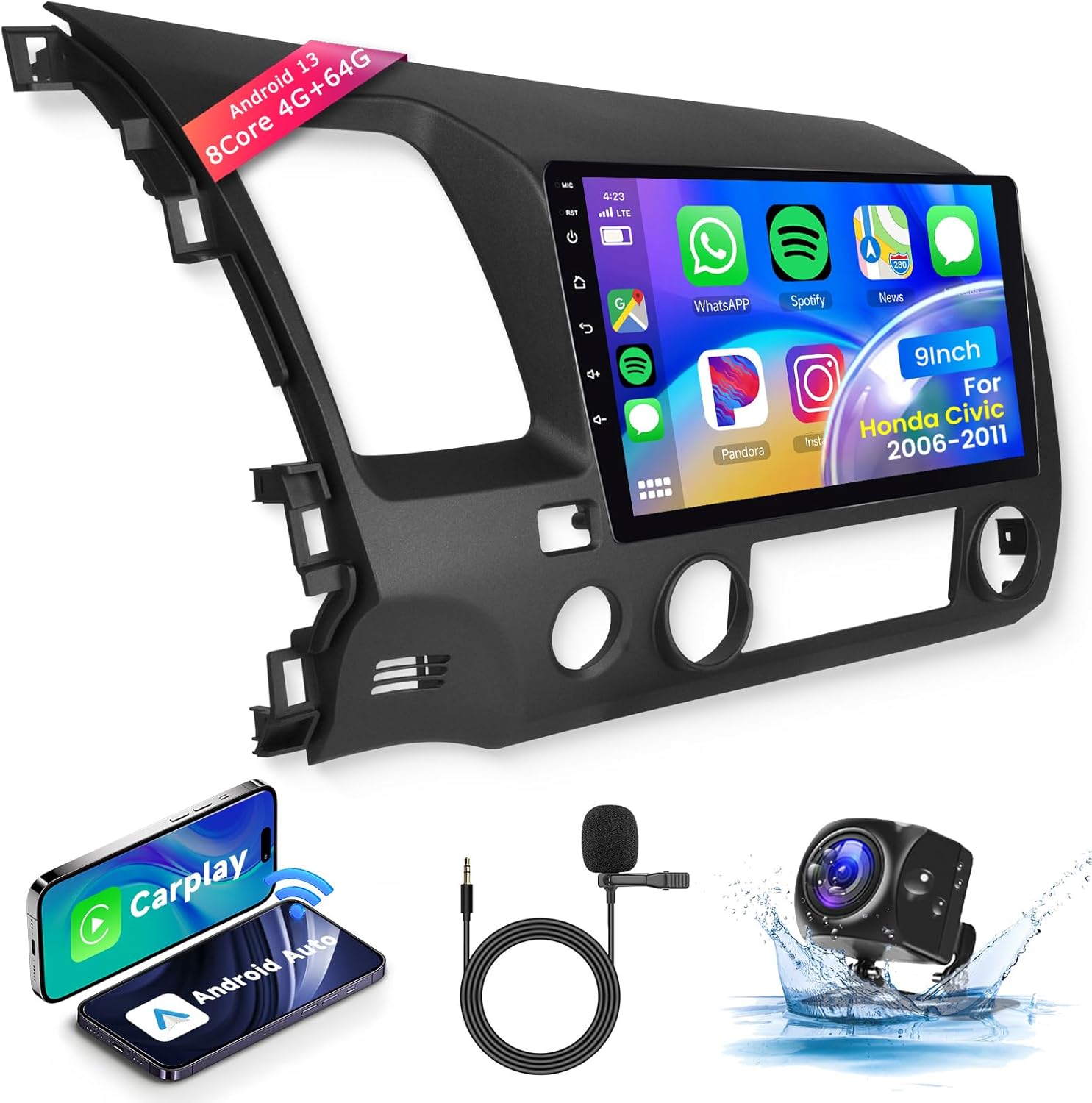 8Core4+64G Car Stereo for Honda Civic 2006-2011 Wireless CarPlay/Android Auto Android Radio with Qualcomm 9" IPS Touch Screen,BT5.1,DSP Hi-Res,GPS,SWC,Backup Camera for Honda Civic Radio