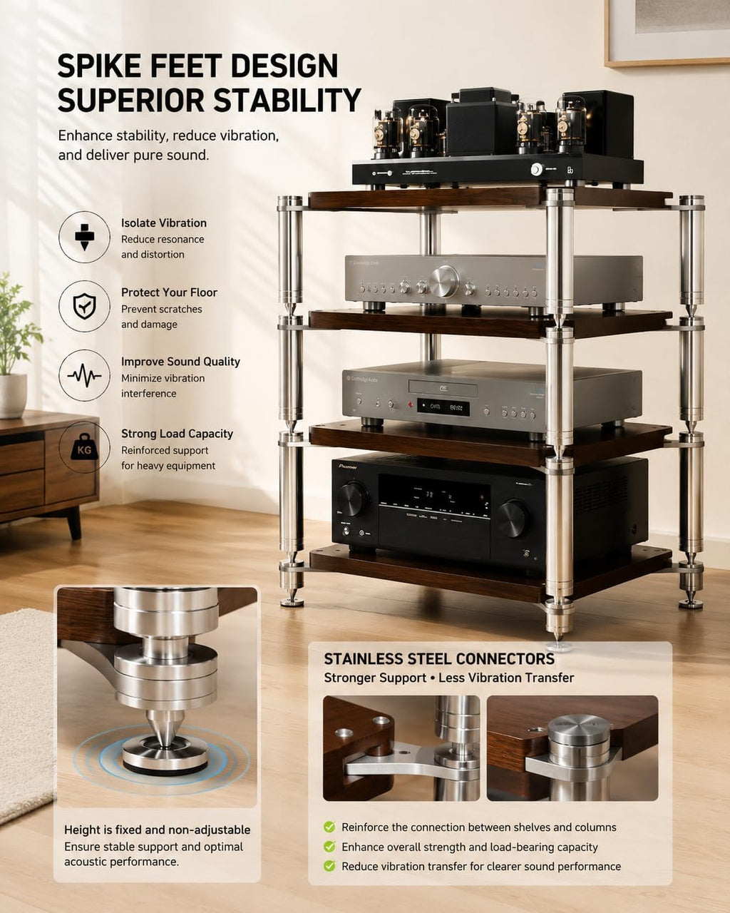 Heavy Duty AV Stand, Open Design's Audio Racks with Shock-Absorbing Foot pegs, Strong Load-Bearing Capacity Audio Component Rack, for Offices and Recording Studios (Black Black, 4tier)