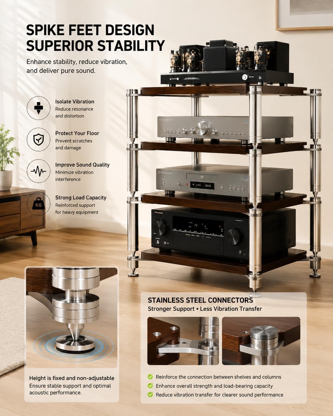 Heavy Duty AV Stand, Open Design's Audio Racks with Shock-Absorbing Foot pegs, Strong Load-Bearing Capacity Audio Component Rack, for Offices and Recording Studios (Black Black, 4tier)