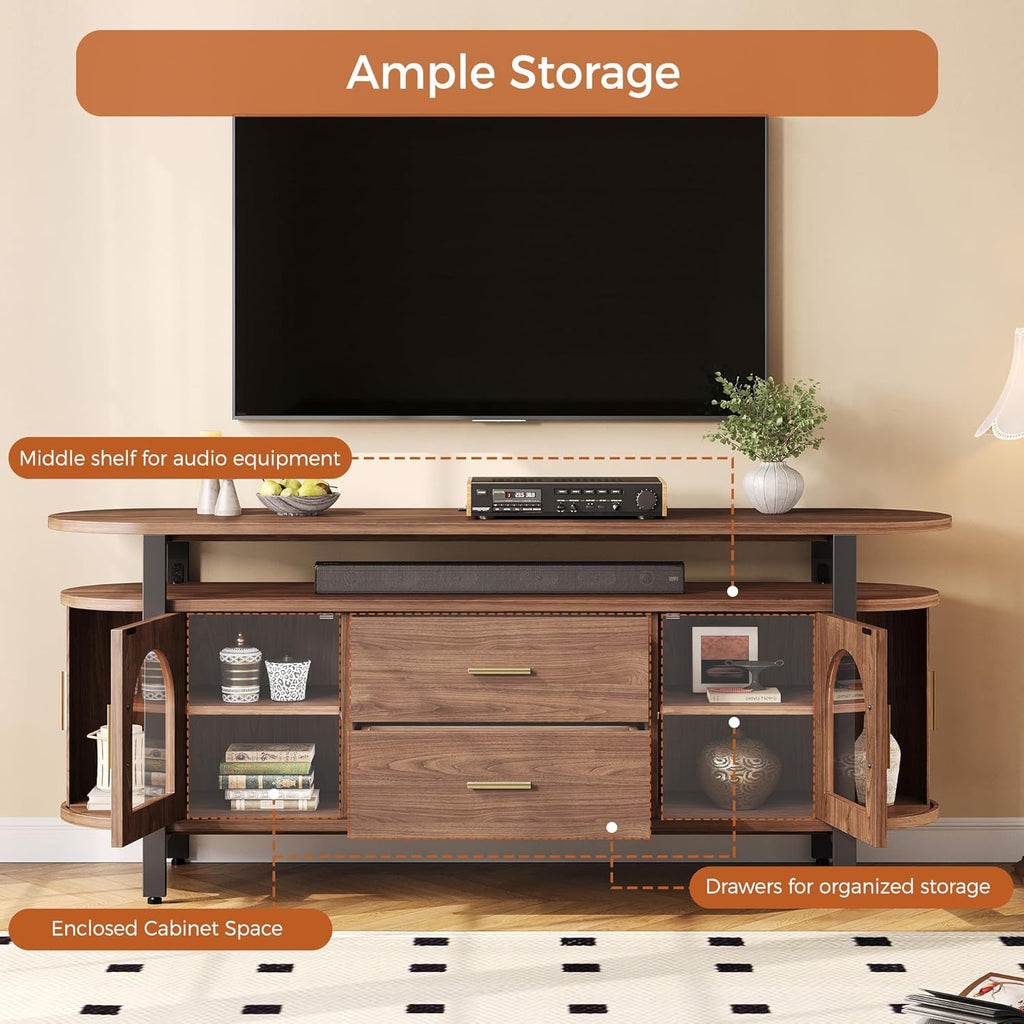 IRONCK Mid-Century TV Stand for TVs up to 70, Entertainment Center with Storage Drawer and Sliding Door, Walnut TV Console for Living Room, Bedroom