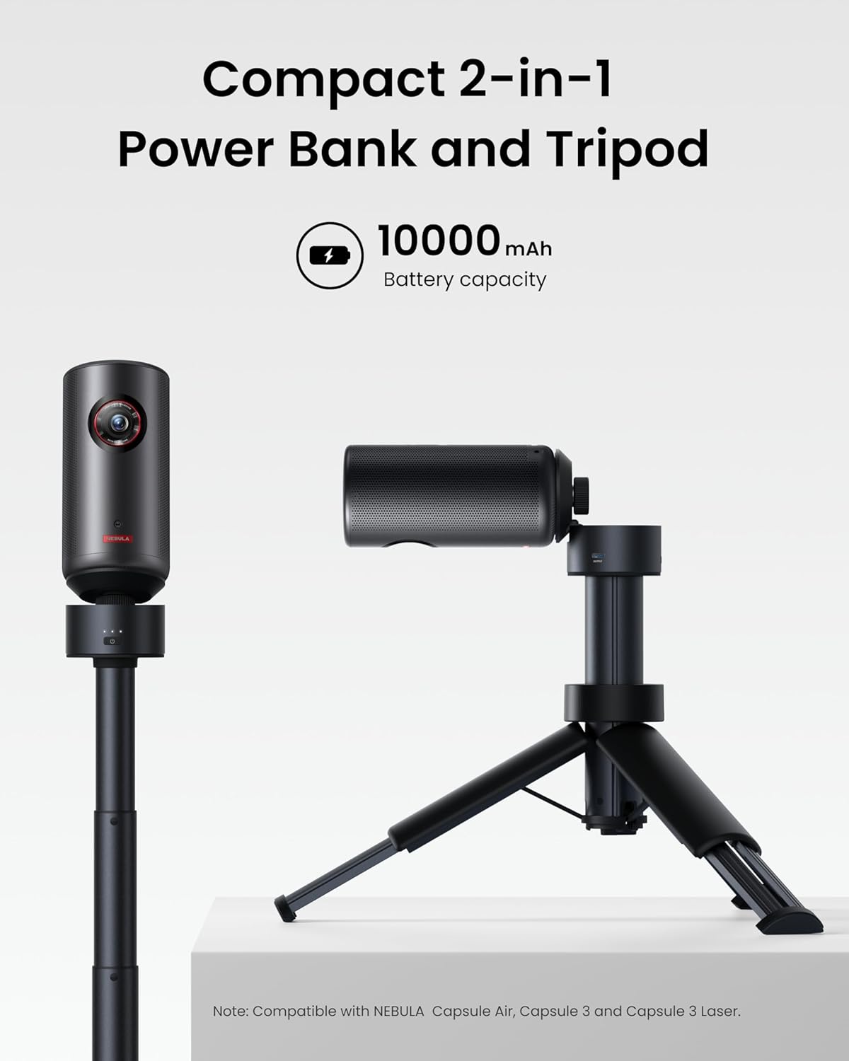 NEBULA Capsule Power Bank Tripod, Up to 2H Built-in Battery, Adjustable Height from 215mm to 840mm, 0-90 Degree Adjustable Viewing Angle, 3s Easy Setup, for The Capsule Series (Only Tripod)