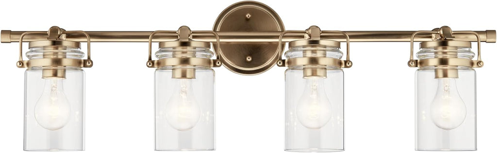 Kichler Brinley 4-Light Bathroom Vanity Light Fixture with Clear Glass in Champagne Bronze, Industrial Farmhouse Style for Mirror Lighting (32.5" x 10.25" x 6.75"), 45690CPZ
