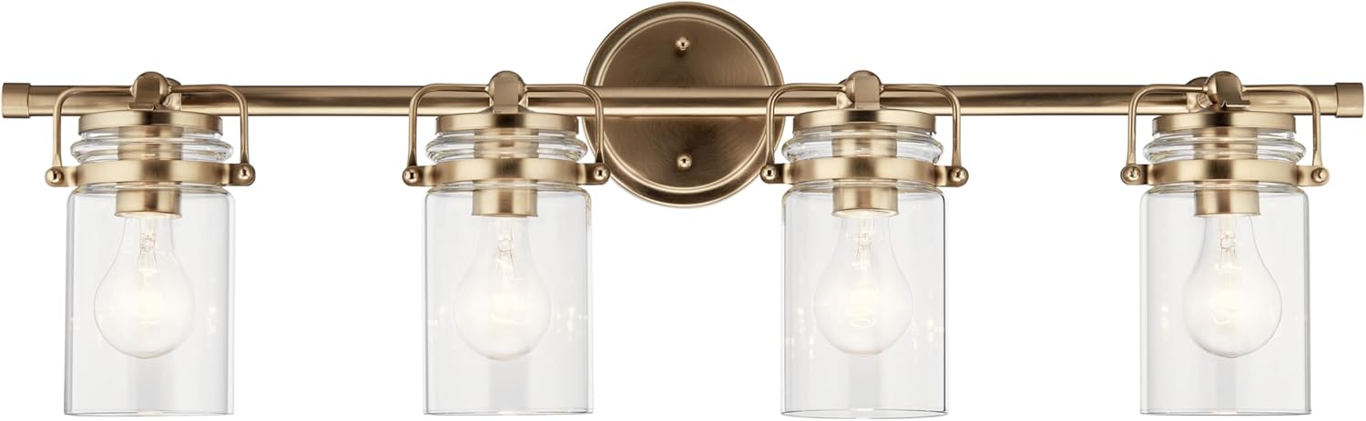 Kichler Brinley 4-Light Bathroom Vanity Light Fixture with Clear Glass in Champagne Bronze, Industrial Farmhouse Style for Mirror Lighting (32.5" x 10.25" x 6.75"), 45690CPZ
