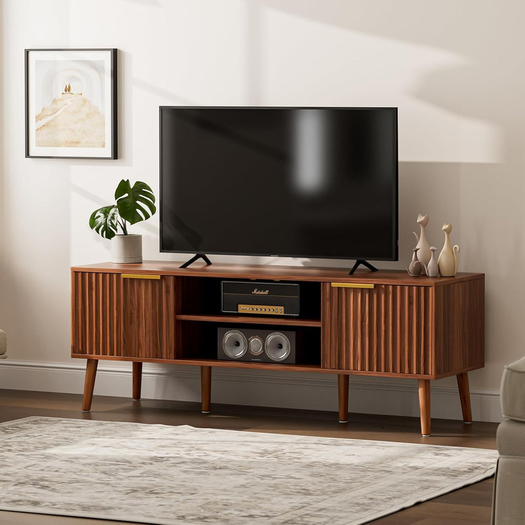LCRBOL TV Stand for Living Room, Mid Century Modern Entertainment Center for 55/60 inch TVs, TV Console with Fluted Door Cabinets and Open Shelves, for Bedroom, Walnut