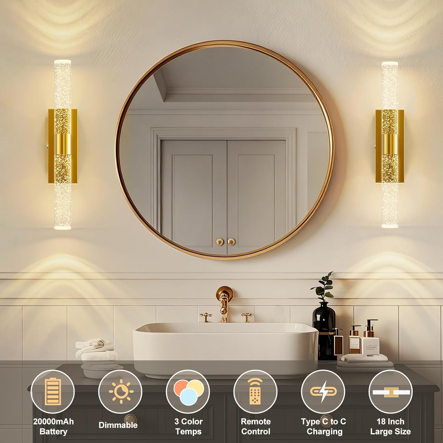 17 Inch Battery Operated Wall Sconces: 20000mAh Rechargeable Wall Lights Set of 2 with Arylic Shade - 3000K-6000K Dimmable Wireless LED Wall Lamp with Remote for Bedroom Bathroom Hallway Living Room