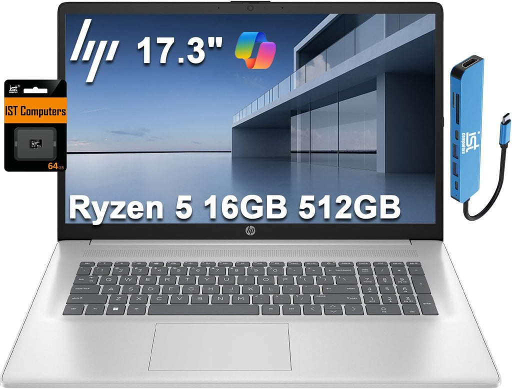 HP 17 Laptop (17.3" FHD Anti-Glare, AMD Ryzen 5 (> Intel i7-1165G7), 16GB RAM, 512GB SSD) for Business, Home, Student, Long Battery Life, Webcam, Fast Charge, HDMI, IST Hub, Win 11 Pro, Silver