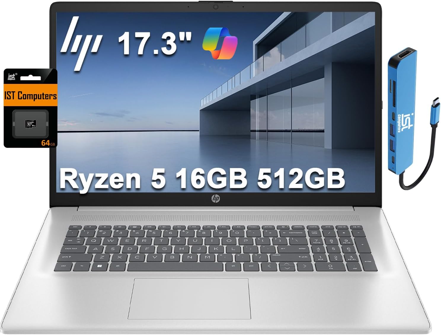 HP 17 Laptop (17.3" FHD Anti-Glare, AMD Ryzen 5 (> Intel i7-1165G7), 16GB RAM, 512GB SSD) for Business, Home, Student, Long Battery Life, Webcam, Fast Charge, HDMI, IST Hub, Win 11 Pro, Silver