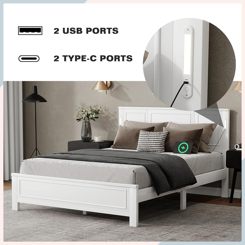 Queen Size Platform Bed Frame, Heavy Duty Pinewood Bedframes with Tall-Panel Headboard and Footboard, Built-in LED Lights/USB Charging Station/No Box Spring Needed, White