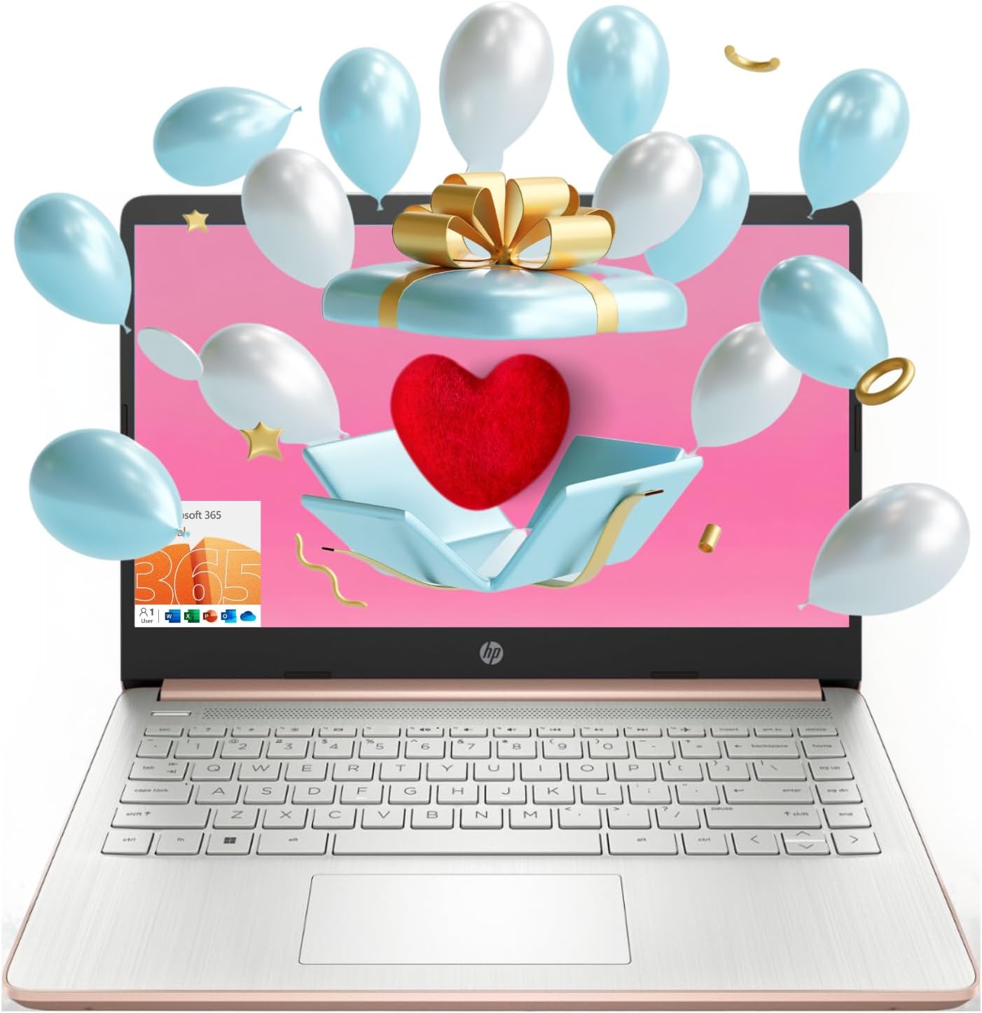 HP Essential Laptop, 14" HD Display, Intel Celeron N4120, 4GB RAM, 64GB eMMC, Webcam, HDMI, Wi-Fi, RJ-45, 1 Year Office 365, Windows 11 Home, Rose Gold