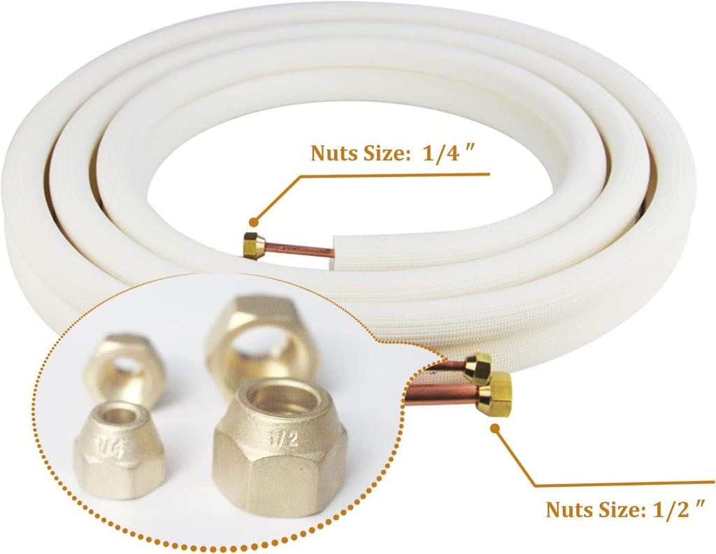 25 Ft Mini Split Line Set.Air Conditioner Copper Tubing Pipes Extension Set, 1/4" & 1/2" 3/8" PE Thickened for AC and Heating Equipment Insulated Coil Line Set HVAC Refrigerant with Nuts. (1/4+1/2)
