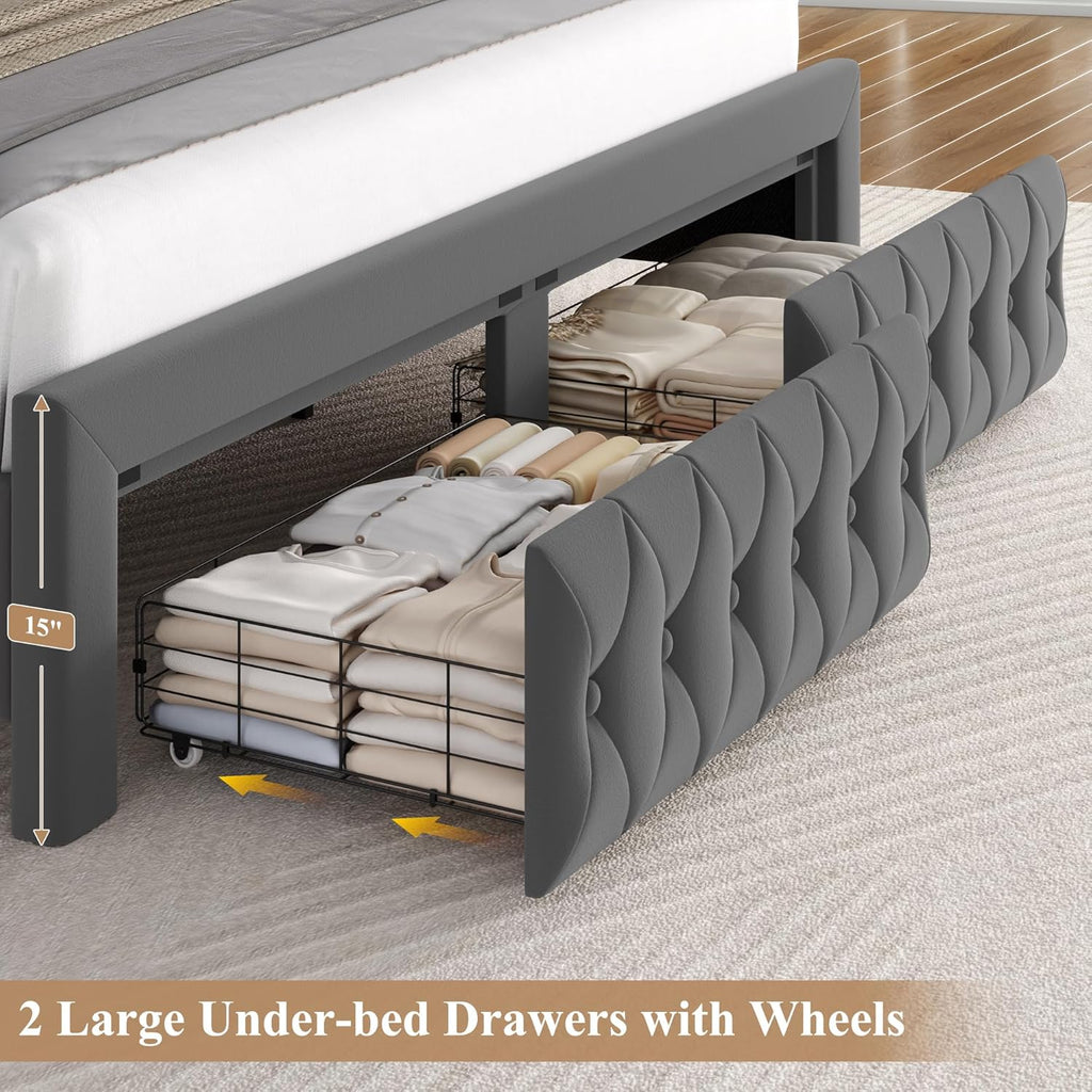 Queen Bed Frame 55" Tall Headboard with LED Lights, Buttons Tufted Velvet Upholstered Platform Bed Frame with 2 Storage Drawers, Wood Slats Support Mattress Foundation, No Box Spring Needed, Grey