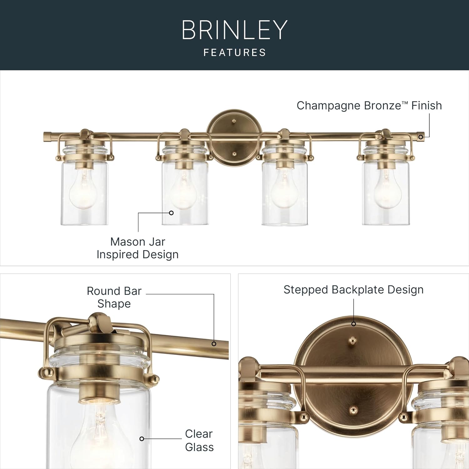 Kichler Brinley 4-Light Bathroom Vanity Light Fixture with Clear Glass in Champagne Bronze, Industrial Farmhouse Style for Mirror Lighting (32.5" x 10.25" x 6.75"), 45690CPZ
