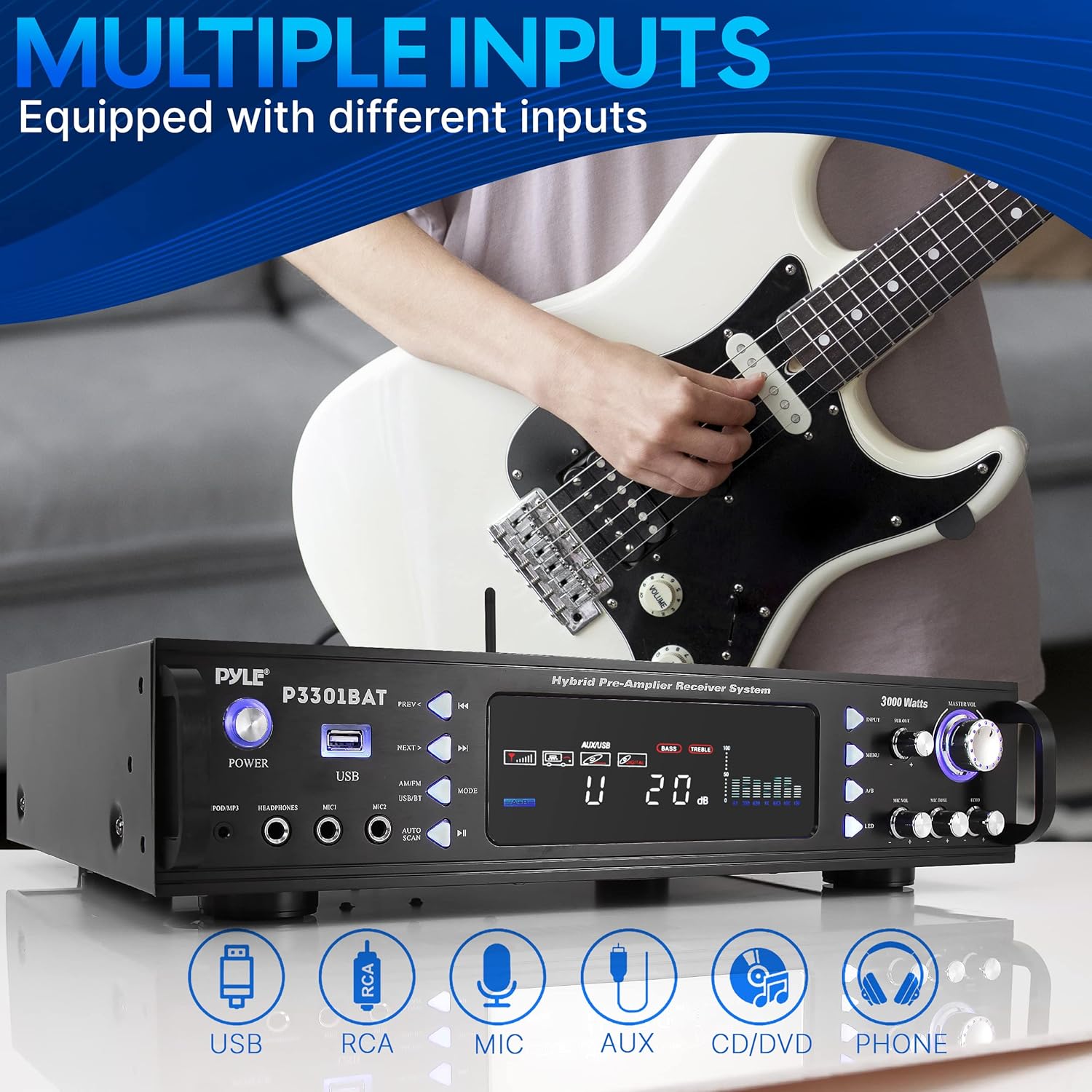 Pyle Bluetooth Home Stereo Amplifier - Hybrid Multi-Channel 3000 Watt Power Amplifier Home Audio Receiver System w/ AM/FM Radio, MP3/USB,AUX,RCA Karaoke Mic in - Rack Mount, Remote - P3301BAT