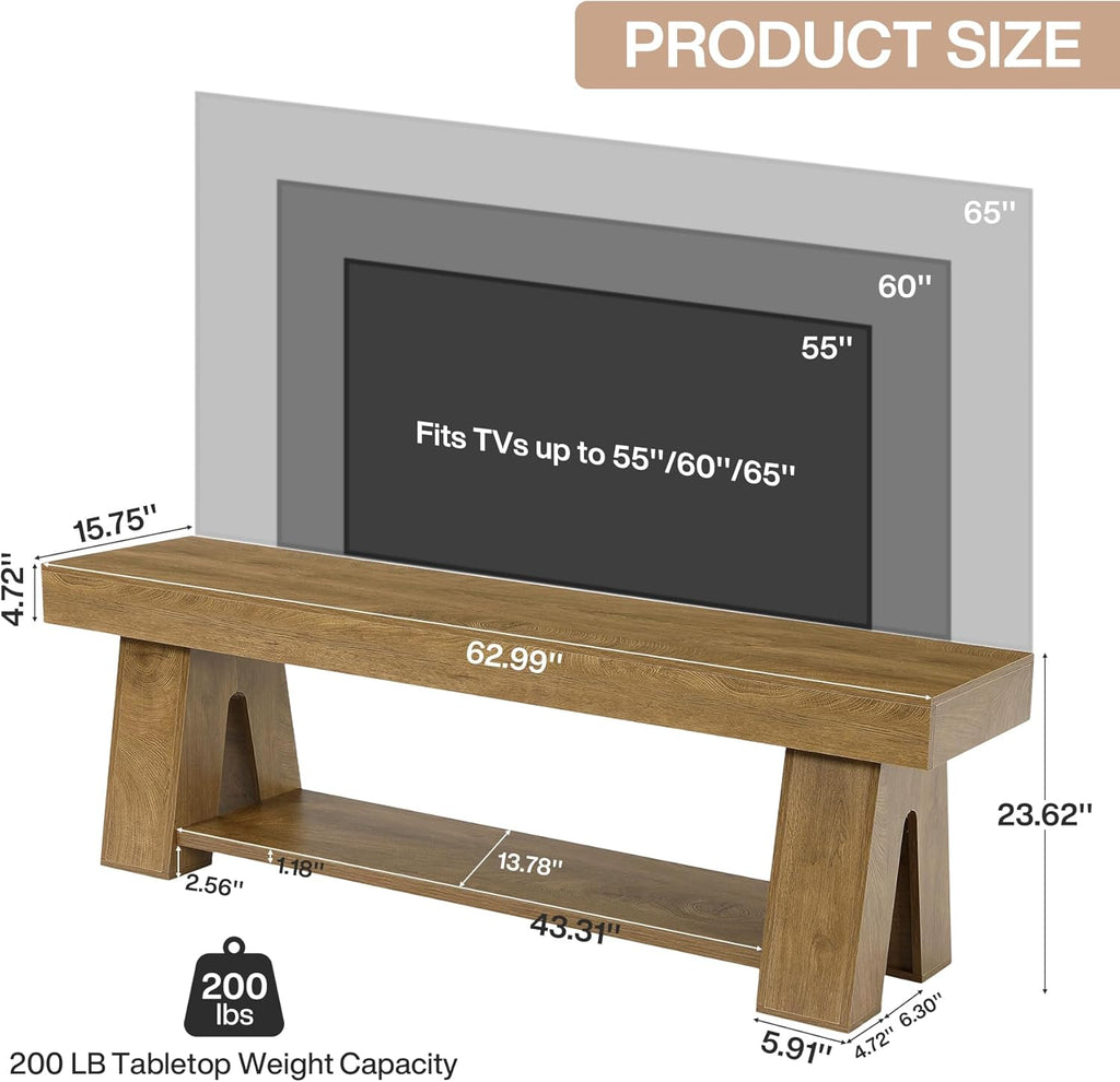 Tribesigns Wooden TV Stand for TVs up to 65'', Natural Brown Modern Entertainment Center with Lower Open Shelf, 63" Farmhouse TV Media Console for Living Room, Bedroom or Home Office
