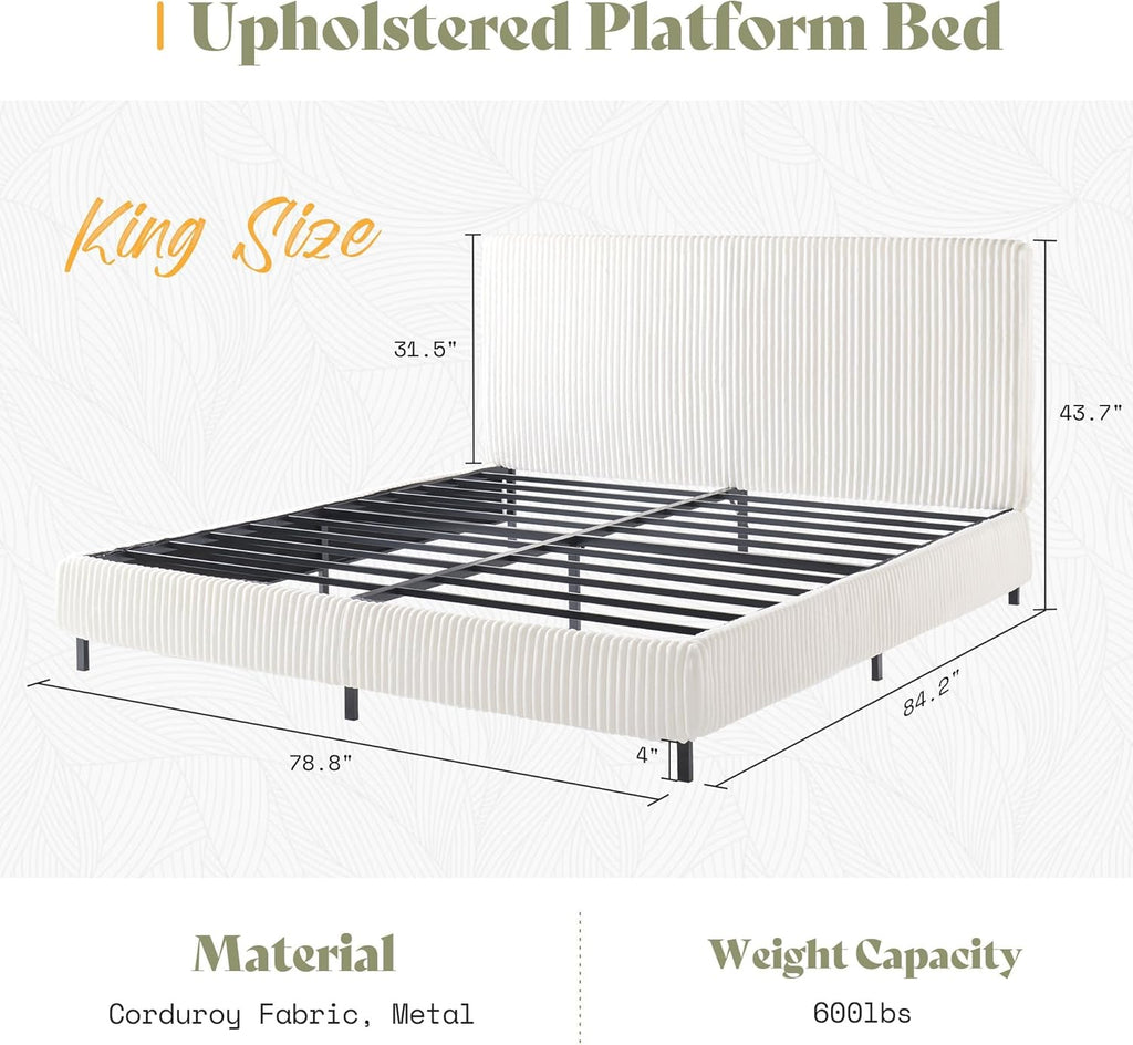 AMERLIFE King Bed Frame, Upholstered Metal Platform Bed with Vertical Channel Tufted Headboard, Soft Fabric & Strong Metal Slats, Noise-Free/Easy Assembly, White King Upholstered Bed and Headboard