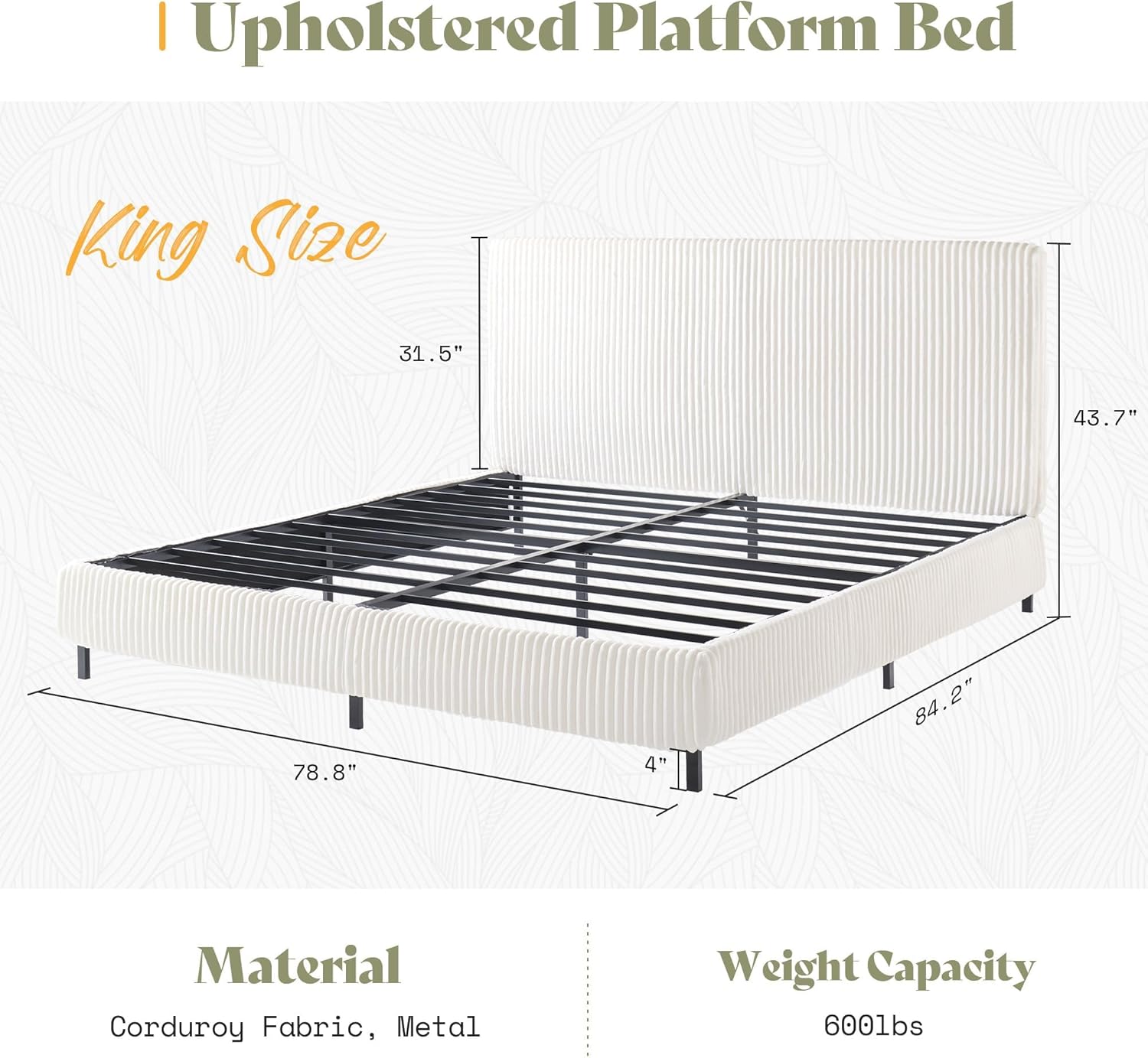 AMERLIFE King Bed Frame, Upholstered Metal Platform Bed with Vertical Channel Tufted Headboard, Soft Fabric & Strong Metal Slats, Noise-Free/Easy Assembly, White King Upholstered Bed and Headboard