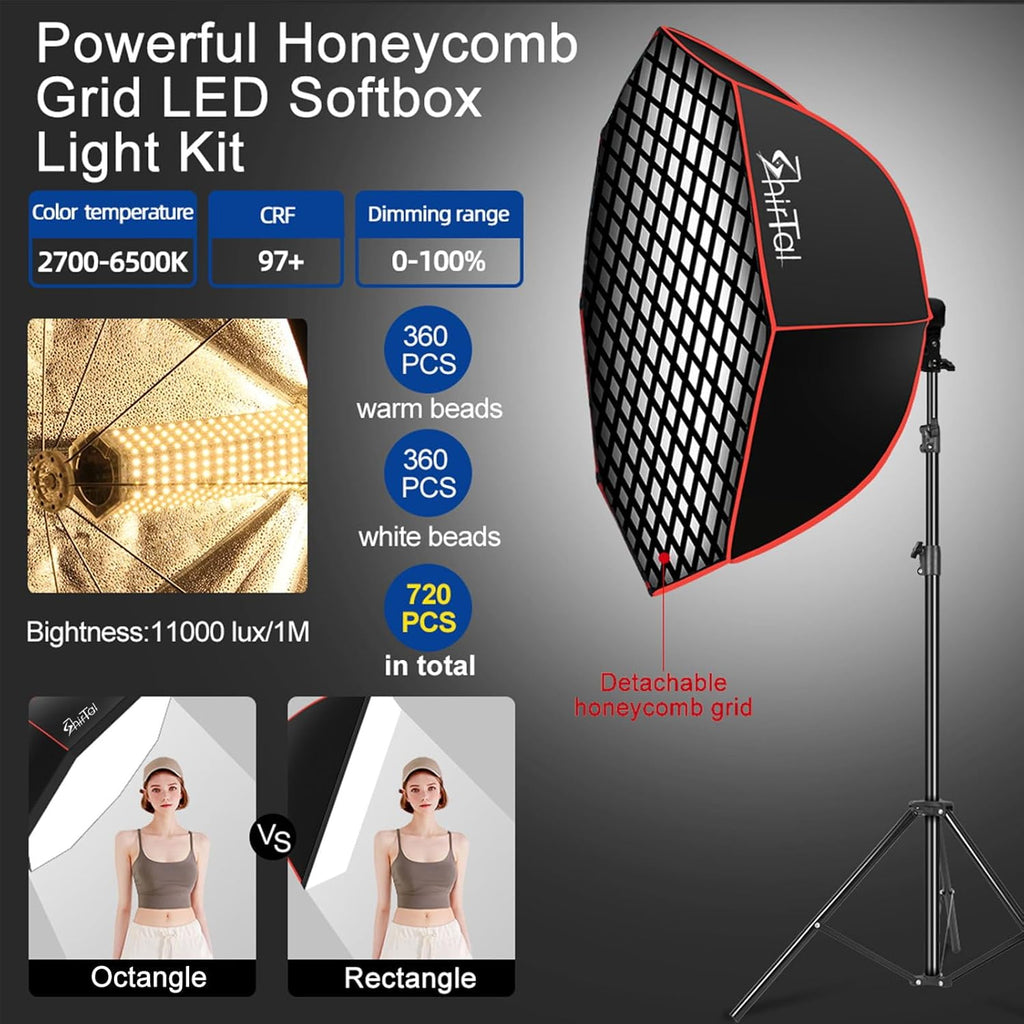 Softbox Photography Lighting Kit,37" Octange Softbox Lighting Kit with Honeycomb Grid 110W 2700K-6500K 11000Lux Dimmable LED Prismatic Lamp and Remote Control, Lighting for Video Recording