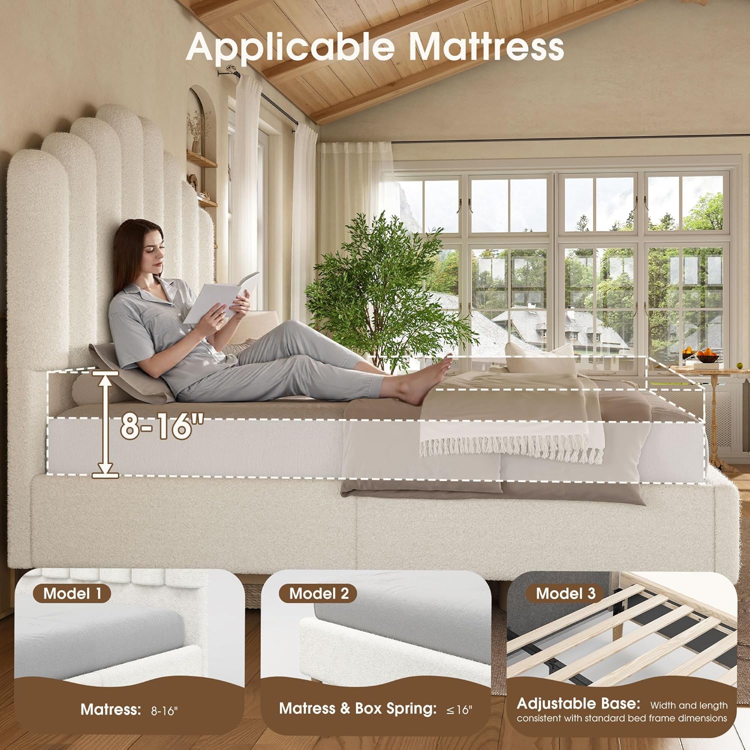 Full Size 57" Tall Boucle Bed Frame with Cloud Upholstered Headboard, Soft Bedframe with Round Corners, Solid Wood Legs, No Box Spring Needed, Easy Assembly, White
