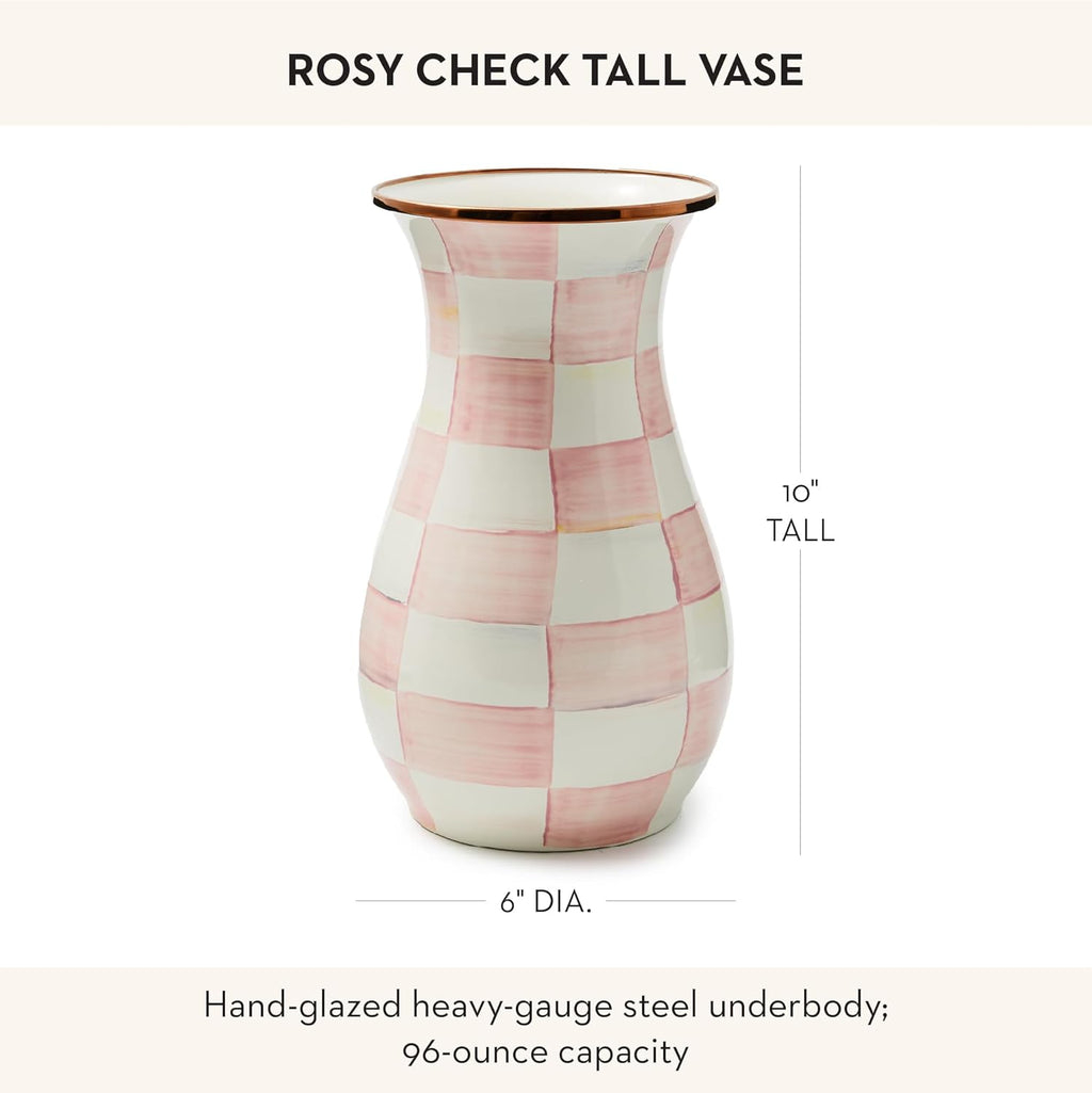 MACKENZIE-CHILDS Tall Enamel Vase, Unique Flower Vase Decor, Bouquet Holder for Living Room, Pink-and-White Rosy Check