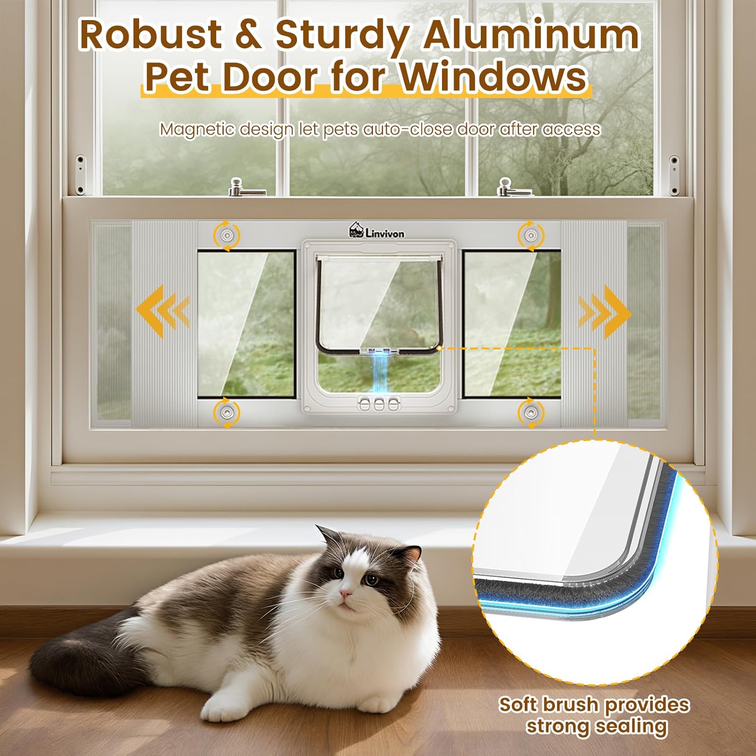 Cat Door for Window, Quick Installation Adjustable Width of 31"-36", Cat Window Door with 4 Locking Modes, Magnetic Closure Design, Weatherproof Aluminum Frame Cat Door Window Insert