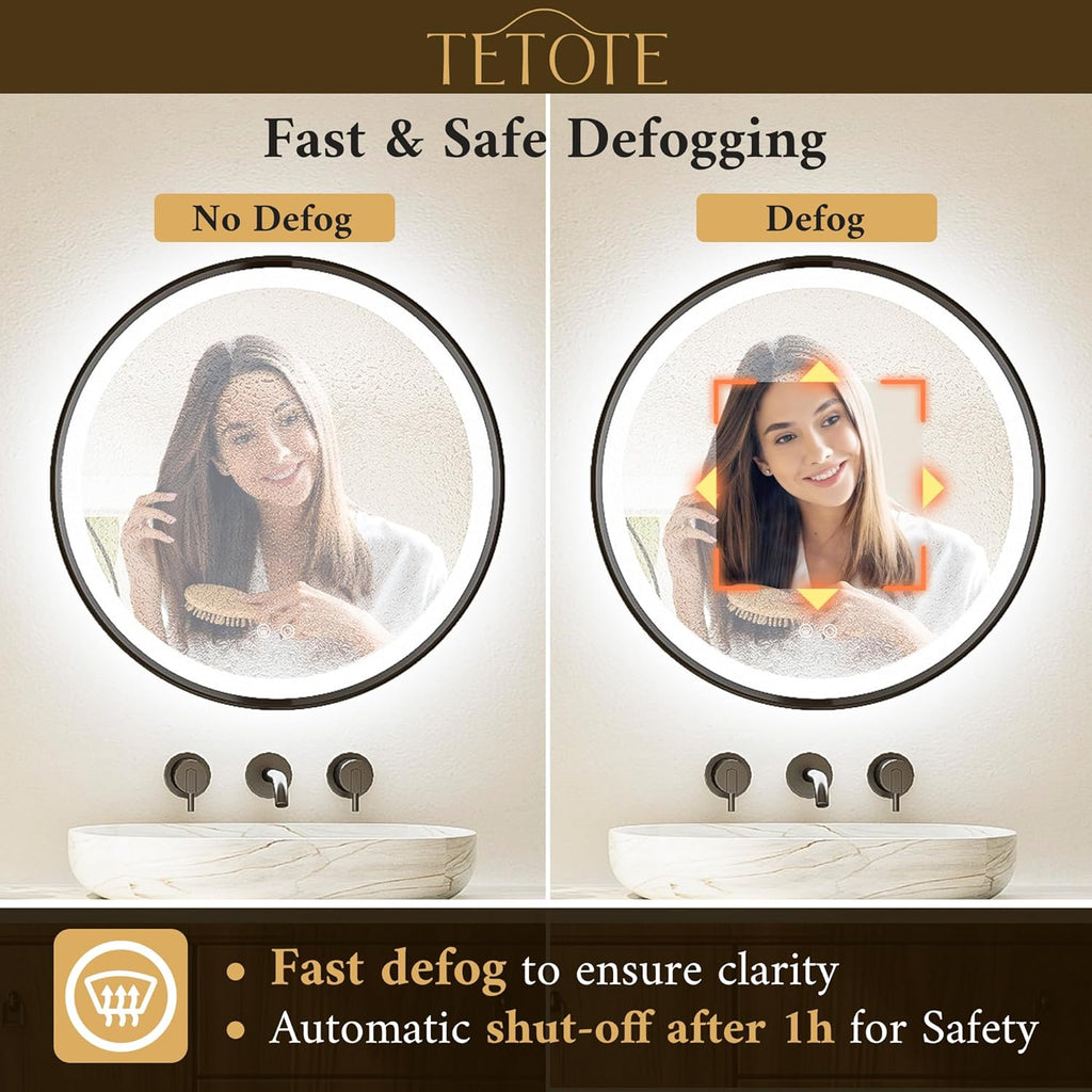 TETOTE Round Led Lighted Bathroom Mirror Matte Black Frame 24 Inch Front and Backlit Circle Round Light up Vanity Mirror with Lights, 3 Color Illuminated Dimmable Anti Fog Wall Mount, IP54 CRI 90+