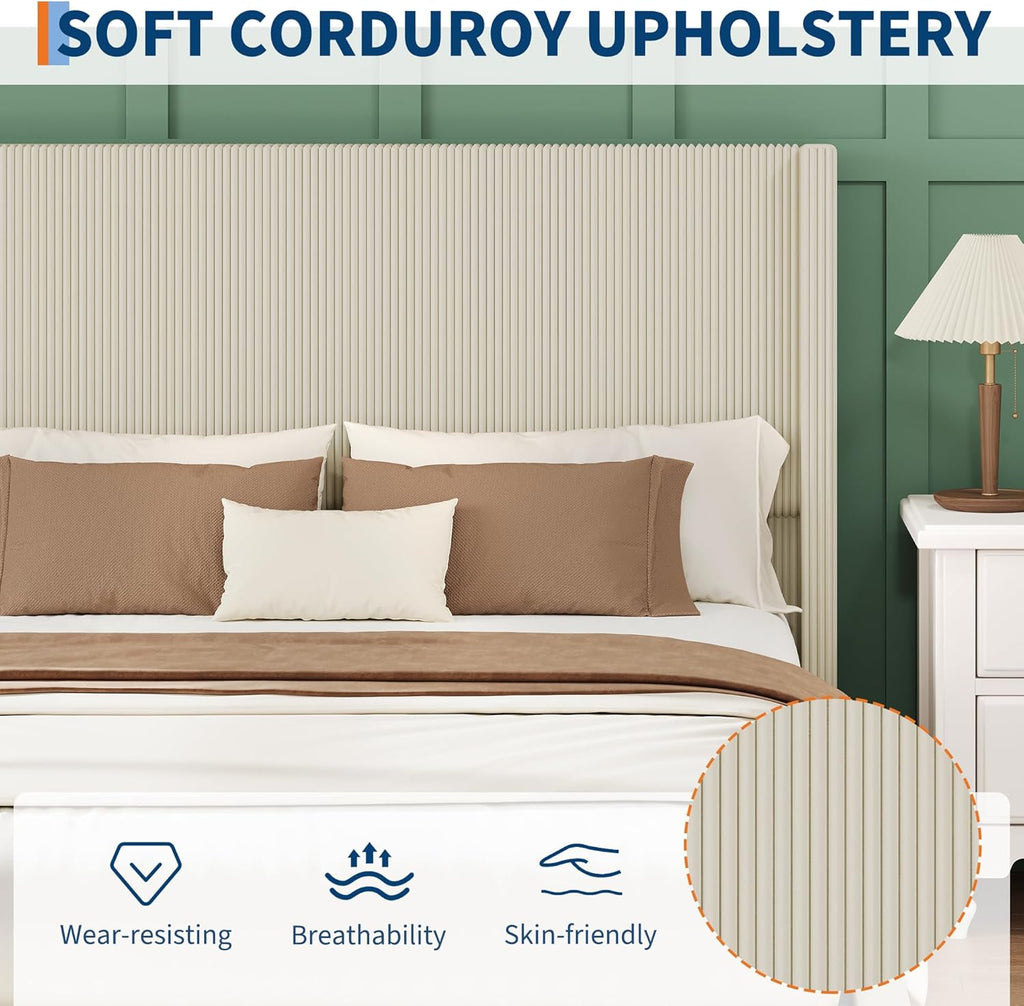 IDEALHOUSE King Size Bed Frame with Storage Drawers, Corduroy Upholstered Platform Bedframe with Wingback, Headboard and Footboard, No Box Spring Needed, Beige