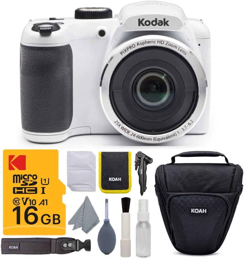 Kodak PIXPRO AZ255 Astro Zoom 16MP Digital Camera (White) - High-Resolution Photography with 25X Optical Zoom - Perfect Point-and-Shoot Camera Bundle with 32GB Memory Card and Camera Case (3 Items)