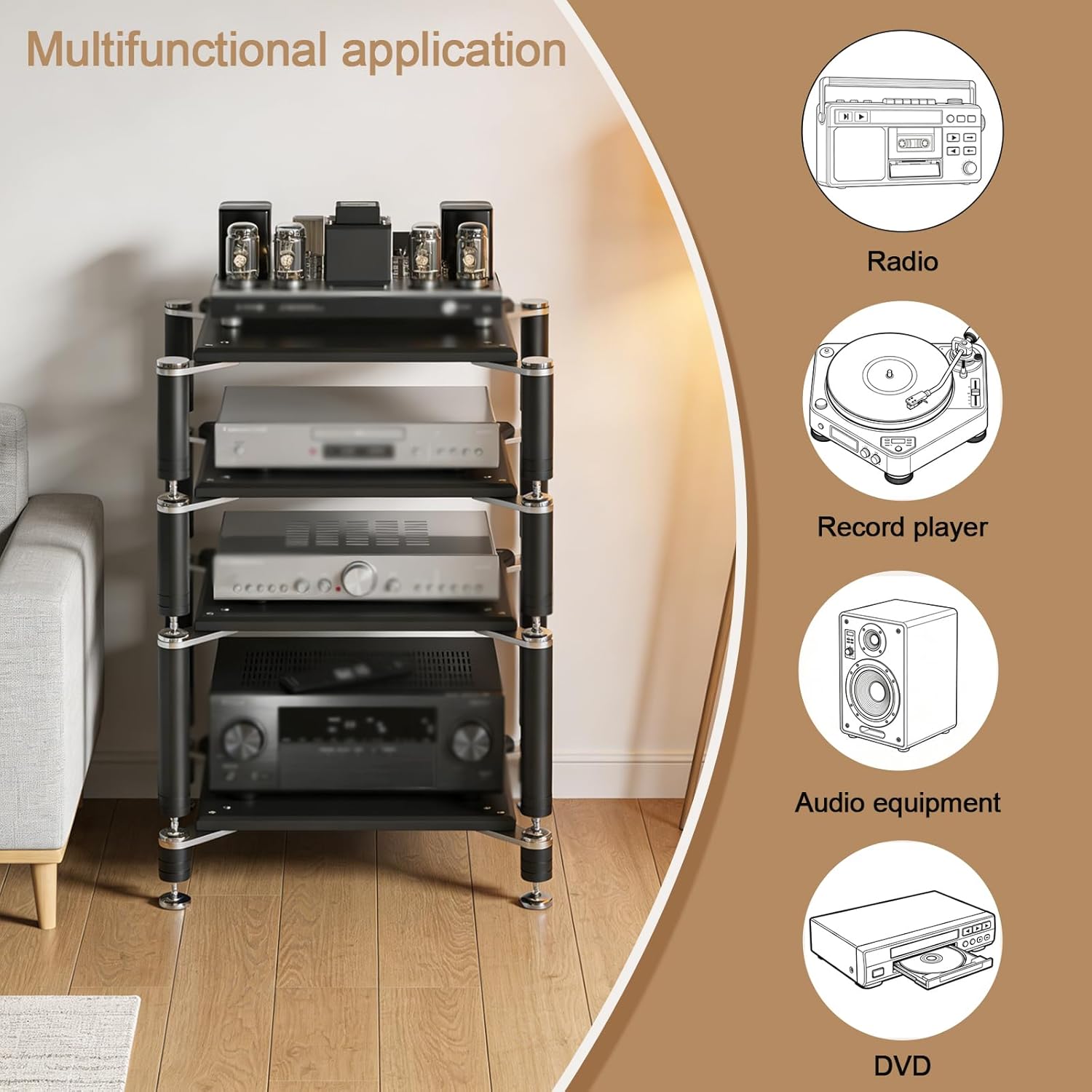 Heavy Duty AV Media Stand, AV Component Stand with Stainless Steel Bracket, Stereo Component Rack, Suitable for Living Rooms, Offices and Recording Studios (Black Walnut, 3-Tiers)