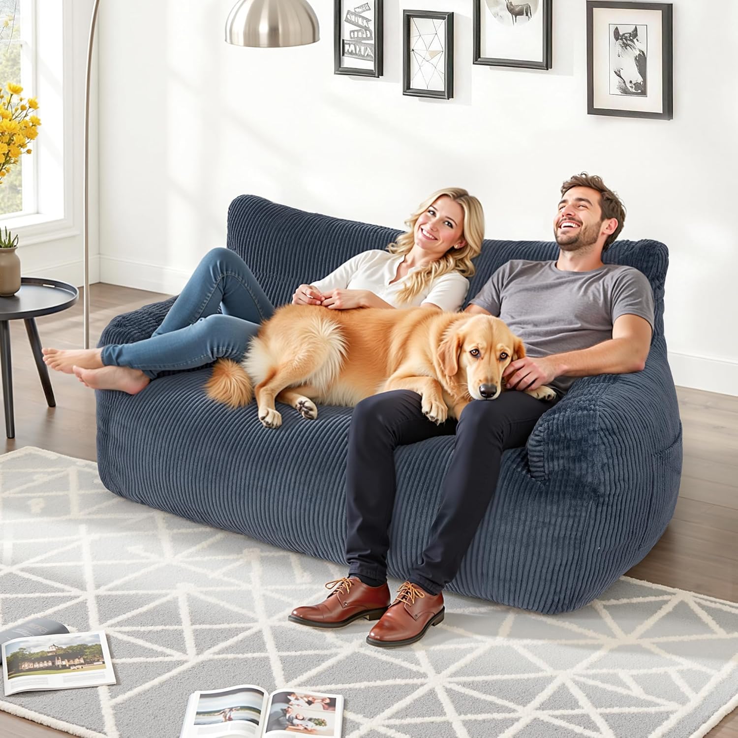 59" Bean Bag Chair,2 Seat Loveseat Sofa,Corduroy Lazy Sofa Bed for Adults,Fit Living Room, Bedroom,Outdoor Spaces,Ultra Soft Dutch Velvet,Fluffy Comfort Washable Cover,72h Rebound,Blue