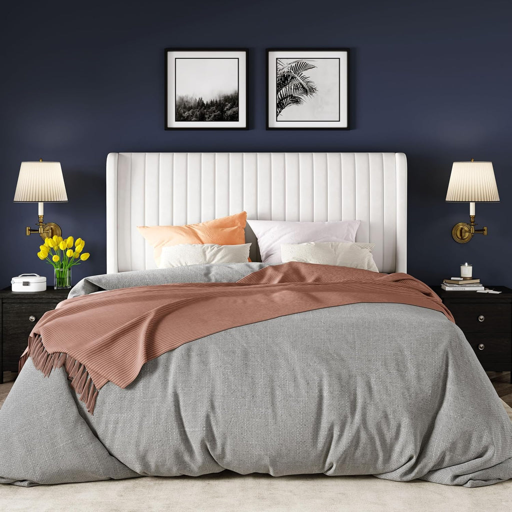Allewie Queen Size Velvet Bed Frame/Vertical Channel Tufted Wingback Headboard/Upholstered Platform Bed/Strong Wooden Slats/No Box Spring Needed/Easy Assembly/White