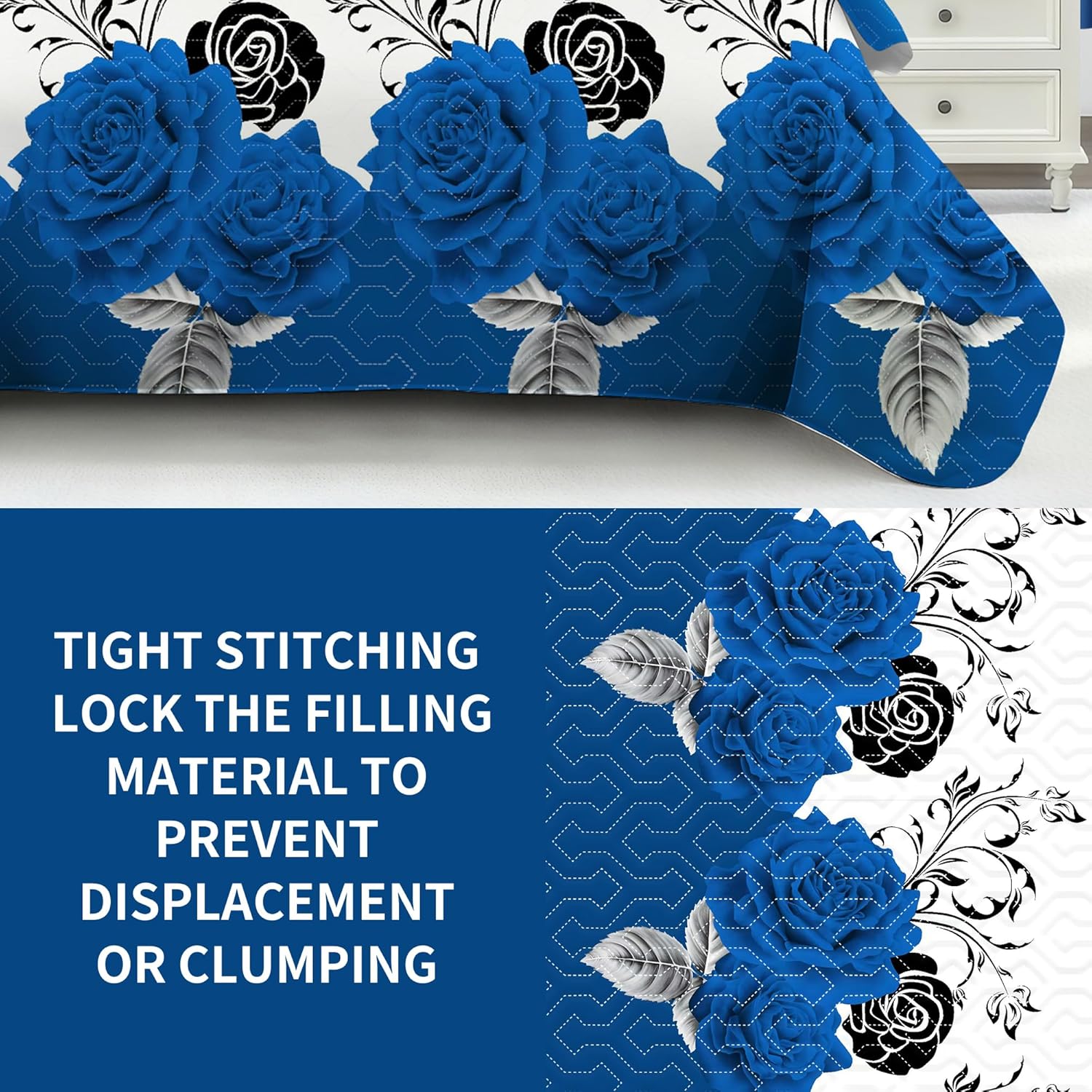 Deepsleep Queen Size Quilt Set 9 Pieces with Matching Curtain, with 2 Pillowcases and 6 Curtains for Bedroom, Machine Washable Microfiber Bedding Set for All Season, Blue Rose