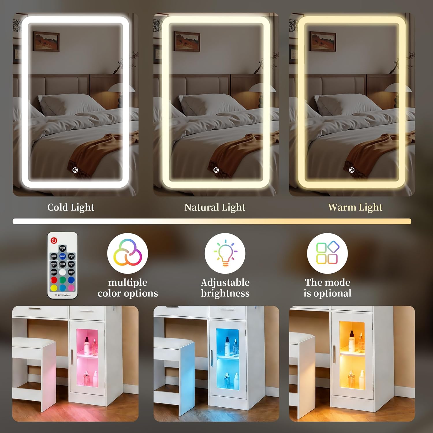 White LED Vanity Table with Three-Color Adjustable Light HD Mirror, USB Charging Port,Leather Stool, Double-Layer Acrylic Cabinet with Ambient Lighting,and Makeup Table with Drawer Storage
