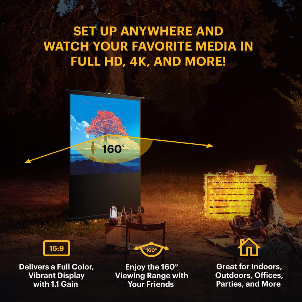 Kodak Portable Projector Screen | 80” Indoor & Outdoor 16:9 Video Projection Surface & Stand with Carry Handle | 1080p, 4K/8K UHD, 3D & HDR Ready | Fast Setup for Movies, Office Presentations & More