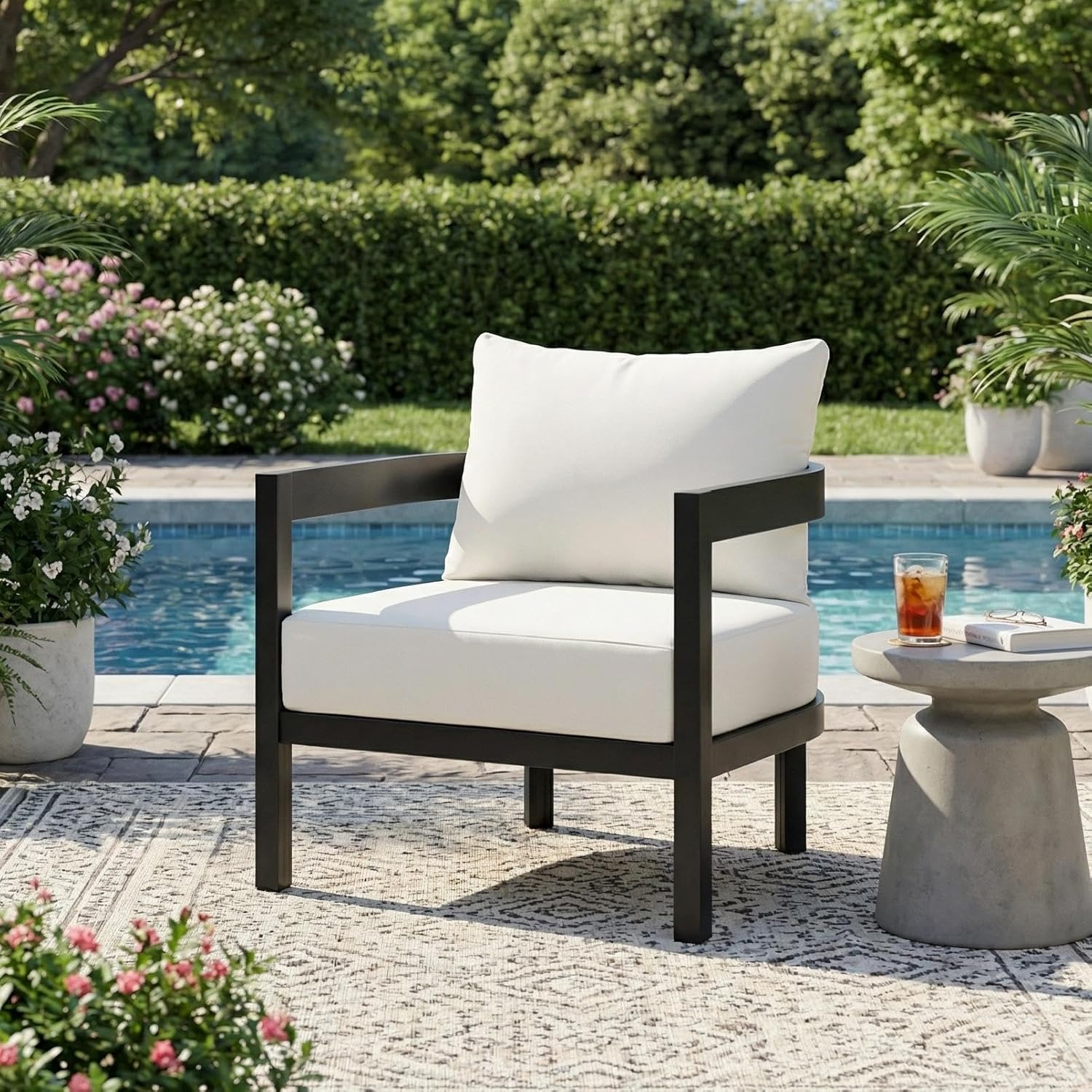 Merax 27.6" Outdoor Curved Patio Accent Chair with All-Weather Coushions, Aluminum Frame Single Lounge for Chair Porch, Lawn, Backyard, Balcony,Black