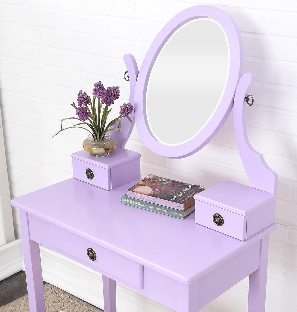 Roundhill Furniture Moniys Wood Moniya Makeup Vanity Table and Stool Set, Purple