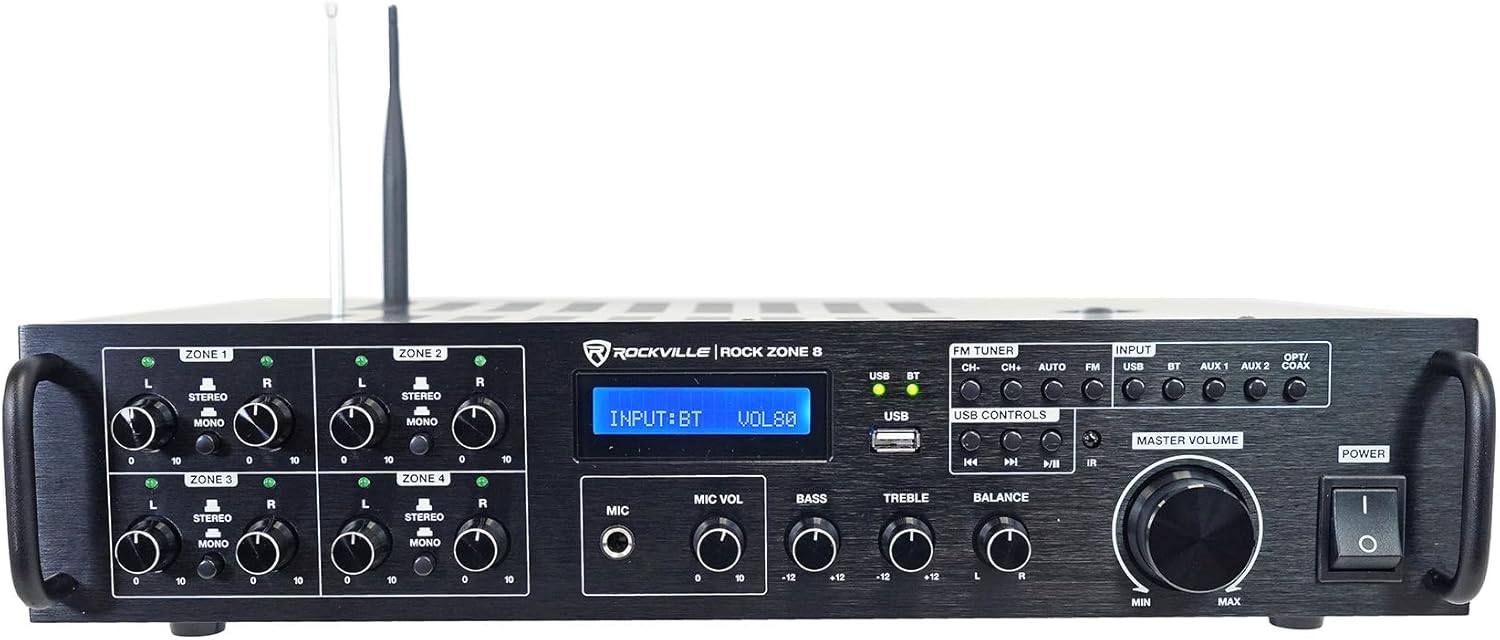 Rockville Rock Zone 8 Bundle: 1000-Watt 8-Channel Multi-Room Receiver/Amplifier, (16) 6.5 in 500-Watt White in-Ceiling Home Theater Speakers, for Home Audio Systems, 17-Items