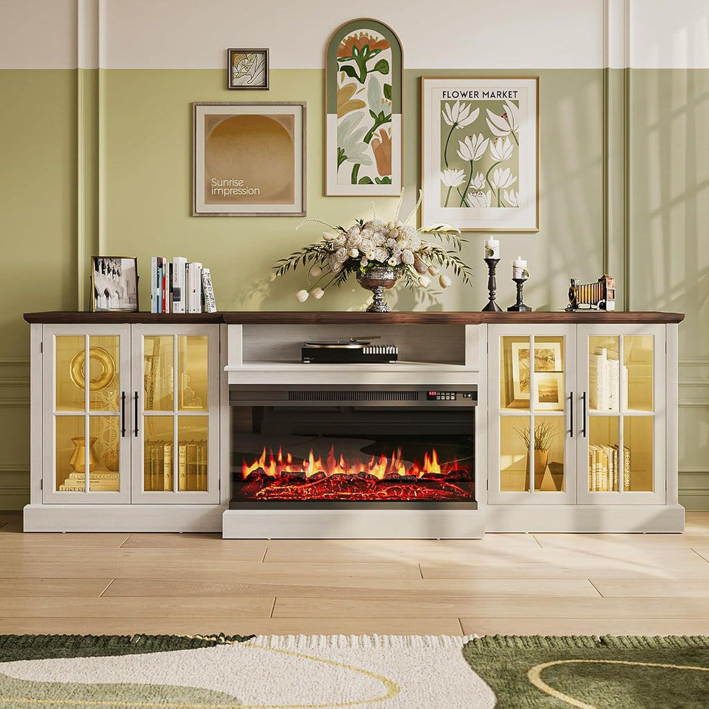 98" Farmhouse TV Stand with 36" Fireplace for TVs up to 100", Media Entertainment Center with Adjustable Shelves and Large Storage Cabinets, for Living Room, White & Black