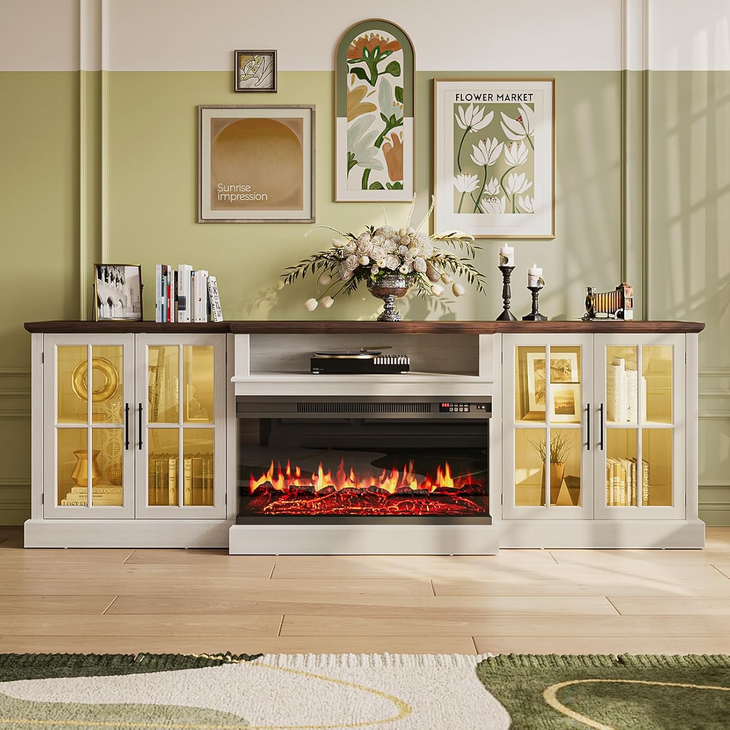 98" Farmhouse TV Stand with 36" Fireplace for TVs up to 100", Media Entertainment Center with Adjustable Shelves and Large Storage Cabinets, for Living Room, White & Black