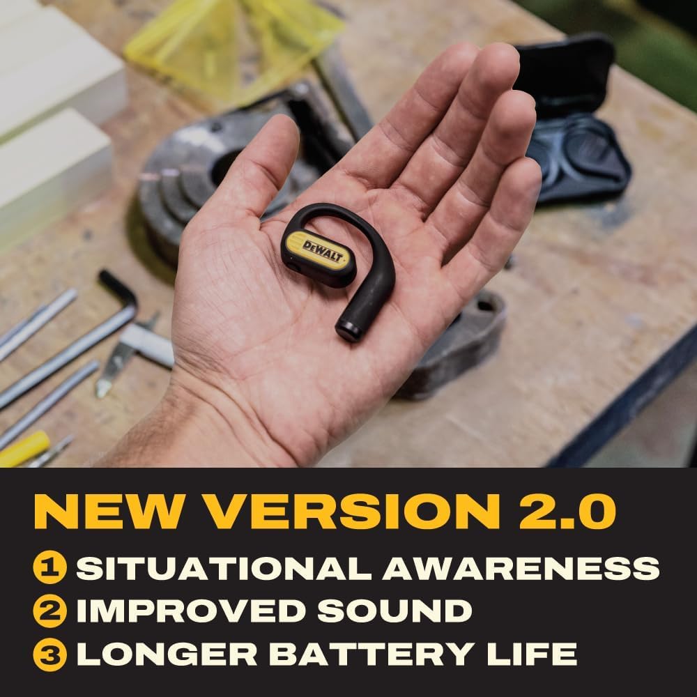 DEWALT Heavy Duty Open Ear Headphones, Bluetooth 5.3 Wireless Earbuds IP55, 44Hrs Runtime, Jobsite Premium Sound True Wireless Air Conduction Open Ear Earbuds with Earhooks for Worksites and Workouts