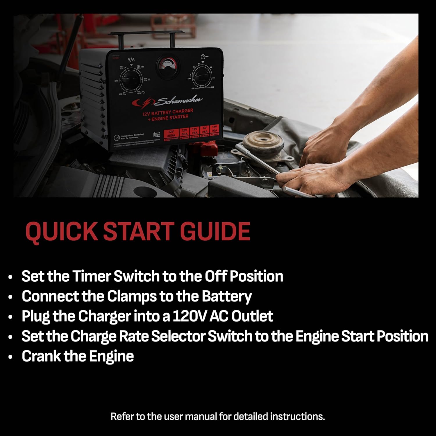 Schumacher Electric 6V/12V Time Controlled Battery Charger & Engine Starter - Precision Controlled Charger with 135-minute Timer & Overload Protection - 250 Cranking Amps & 3 Boost Modes - SC1667