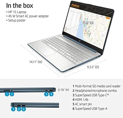 hp 15.6" Portable Laptop, HD Display, Intel Quad-Core Processor, 16GB RAM, 128GB Storage, Wi-Fi 6, Webcam, HDMI, Numeric Keypad, Windows 11 Home, Blue