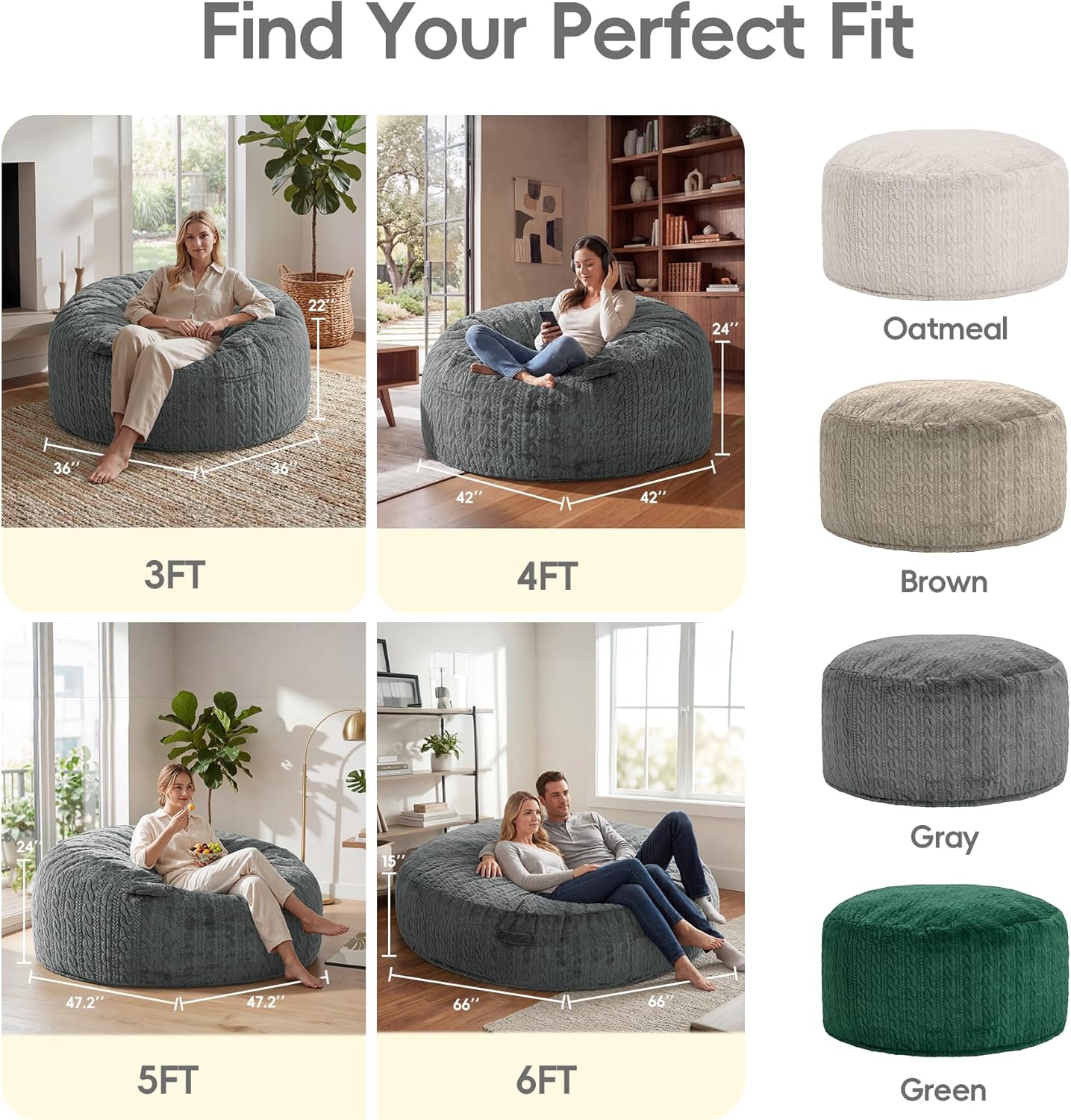 5FT Bean Bag Chair Giant Beanbag Chairs for Adults with Memory Foam Removable Cover Luxurious Braided Fabric, Adult Bean Bag Chairs for Living Room Bedroom Gaming Dorm Office（Grey,5FT-50"*50"*24"）